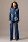 Namrata Joshipura_Blue Denim Embroidery Collared Poppy Flower Shirt _Online_at_Aza_Fashions