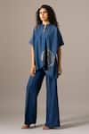 Namrata Joshipura_Blue Denim Sequins Collared Rosette Zipper Handkerchief Tunic _Online_at_Aza_Fashions
