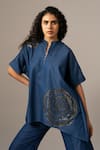Shop_Namrata Joshipura_Blue Denim Sequins Collared Rosette Zipper Handkerchief Tunic _Online_at_Aza_Fashions