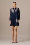 Namrata Joshipura_Navy Georgette Embroidery Collared Moonflower Front Pleat Dress _Online_at_Aza_Fashions