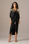 Buy_Namrata Joshipura_Black Embroidery V-neck Katnis Drawstring Dress _at_Aza_Fashions
