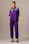 Namrata Joshipura_Purple Modal, Linen Embroidery Collared Poppy Flower Pant Coord Set _Online_at_Aza_Fashions