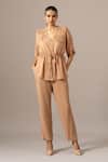 Buy_Namrata Joshipura_Brown Georgette Embroidery Button-down Neck Mocha Front Open String Pant Set _at_Aza_Fashions
