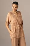 Buy_Namrata Joshipura_Brown Georgette Embroidery Button-down Neck Mocha Front Open String Pant Set _Online_at_Aza_Fashions