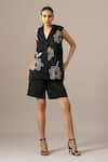 Buy_Namrata Joshipura_Black Modal, Linen Embroidery Collared Poppy Flower Sleeveless Shorts Set _at_Aza_Fashions