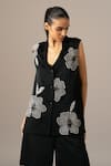Buy_Namrata Joshipura_Black Modal, Linen Embroidery Collared Poppy Flower Sleeveless Shorts Set _Online_at_Aza_Fashions