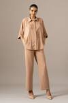 Buy_Namrata Joshipura_Brown Embroidery Collared Palm Leaf Coordinated Shirt And Pant Set _at_Aza_Fashions