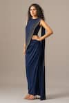 Namrata Joshipura_Navy Jersey Beads Round Neck Star Draped Saree Gown _Online_at_Aza_Fashions