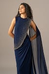 Buy_Namrata Joshipura_Navy Jersey Beads Round Neck Star Draped Saree Gown _Online_at_Aza_Fashions