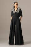 Shop_Namrata Joshipura_Black Jersey Sequins, Embroidery V-neck Moonflower Box Pleat Jumpsuit _Online_at_Aza_Fashions