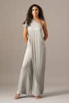 Namrata Joshipura_Gray Chiffon Beads One Shoulder Star Box Jumpsuit _Online_at_Aza_Fashions