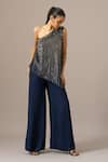 Buy_Namrata Joshipura_Navy Georgette Sequins One Shoulder Baroque Jumpsuit _at_Aza_Fashions