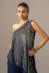 Shop_Namrata Joshipura_Navy Georgette Sequins One Shoulder Baroque Jumpsuit _Online_at_Aza_Fashions