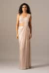 Namrata Joshipura_Blush Mesh Sequins, Beads Plunge Neck Pink Pre-draped Saree With Blouse _Online_at_Aza_Fashions