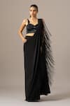 Buy_Namrata Joshipura_Black Satin, Jersey Fringe, Embroidery Sweetheart Pre-draped Saree With Blouse _at_Aza_Fashions