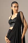 Shop_Namrata Joshipura_Black Satin, Jersey Fringe, Embroidery Sweetheart Pre-draped Saree With Blouse _Online_at_Aza_Fashions
