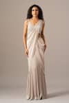 Buy_Namrata Joshipura_Silver Chiffon Embroidery Plunge Neck Mermaid Pre-draped Saree With Blouse _at_Aza_Fashions