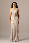 Namrata Joshipura_Silver Chiffon Embroidery Plunge Neck Mermaid Pre-draped Saree With Blouse _Online_at_Aza_Fashions