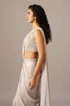 Buy_Namrata Joshipura_Silver Chiffon Embroidery Plunge Neck Mermaid Pre-draped Saree With Blouse _Online_at_Aza_Fashions