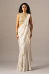 Buy_Namrata Joshipura_Ivory Chiffon Round Neck Chevron Dust Blouse With Mermaid Pre-draped Drape Saree _at_Aza_Fashions