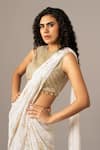 Namrata Joshipura_Ivory Chiffon Round Neck Chevron Dust Blouse With Mermaid Pre-draped Drape Saree _Online_at_Aza_Fashions