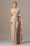 Namrata Joshipura_Blush Chiffon Beads Sweetheart Neck Pink Pre-draped Saree With Blouse _Online_at_Aza_Fashions