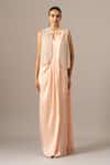 Buy_Namrata Joshipura_Peach Beads Round Neck Pre-draped Saree With Blouse _Online_at_Aza_Fashions