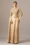 Namrata Joshipura_Beige Georgette, Satin Feathers Round Rose Garden Pre-draped Saree With Blouse _Online_at_Aza_Fashions