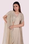 Shop_Onaya_Off White Georgette Cut Work, Sequins Gathered Jacket And Pre-draped Saree Set _Online_at_Aza_Fashions