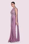 Buy_Onaya_Lilac Lycra, Net Stones V-neck Pre-draped Saree And Embellished Blouse Set _Online_at_Aza_Fashions