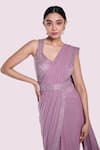 Shop_Onaya_Lilac Lycra, Net Stones V-neck Pre-draped Saree And Embellished Blouse Set _Online_at_Aza_Fashions