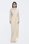 Buy_Onaya_Off White Lycra Cut Work, Sequins, Pre-draped Saree And Embellished Blouse Set _at_Aza_Fashions