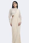 Shop_Onaya_Off White Lycra Cut Work, Sequins, Pre-draped Saree And Embellished Blouse Set _Online_at_Aza_Fashions