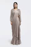 Buy_Onaya_Beige Satin Sequins, Beads V-neck Pre-draped Saree And Embellished Blouse Set _at_Aza_Fashions