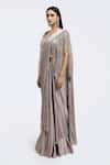 Buy_Onaya_Beige Satin Sequins, Beads V-neck Pre-draped Saree And Embellished Blouse Set _Online_at_Aza_Fashions