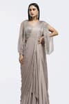 Shop_Onaya_Beige Satin Sequins, Beads V-neck Pre-draped Saree And Embellished Blouse Set _Online_at_Aza_Fashions