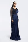 Onaya_Navy Satin Sequins, Beads Square Neck Pre-draped Saree And Embellished Blouse Set _Online_at_Aza_Fashions