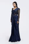 Buy_Onaya_Navy Satin Sequins, Beads Square Neck Pre-draped Saree And Embellished Blouse Set _Online_at_Aza_Fashions