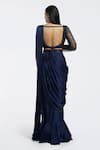 Shop_Onaya_Navy Satin Sequins, Beads Square Neck Pre-draped Saree And Embellished Blouse Set _at_Aza_Fashions