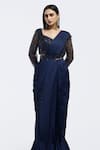 Shop_Onaya_Navy Satin Sequins, Beads Square Neck Pre-draped Saree And Embellished Blouse Set _Online_at_Aza_Fashions