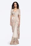 Buy_Onaya_Off White Organza Pearls, Sequins, Cut Pre-draped Saree And Embellished Blouse Set _at_Aza_Fashions