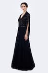 Onaya_Black Georgette Beads, Piping V-neck Embellished Gown And Jacket Set _Online_at_Aza_Fashions