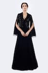 Buy_Onaya_Black Georgette Beads, Piping V-neck Embellished Gown And Jacket Set _at_Aza_Fashions