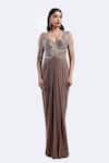 Buy_Onaya_Beige Lycra, Net Sequins, Beads Sweetheart Neck Embellished Gown _at_Aza_Fashions