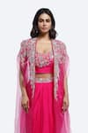Shop_Onaya_Pink Silk Embroidery, Zari Round , Open Cape And Skirt Set _Online_at_Aza_Fashions