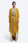 Buy_Onaya_Mustard Silk Zari, Embroidery High , Round Ombre Cape And Skirt Set _at_Aza_Fashions