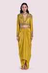 Buy_Onaya_Yellow Crepe, Silk Embroidery, Cut Work, Pearls, Sequins Jacket And Skirt Set _at_Aza_Fashions