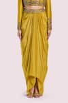 Shop_Onaya_Yellow Crepe, Silk Embroidery, Cut Work, Pearls, Sequins Jacket And Skirt Set _Online_at_Aza_Fashions