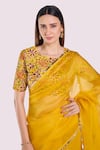 Shop_Onaya_Yellow Organza Sequins, Embroidery Round Neck Saree And Blouse Set _Online_at_Aza_Fashions