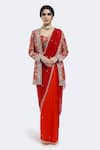 Buy_Onaya_Red Organza Sequins Sweetheart , Round Embellished Jacket And Saree Set _at_Aza_Fashions